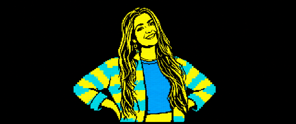 Nona ’t Jolle in teletekststijl, met lang haar, een glimlach en beide handen op haar heupen. Een cyaan-geel jasje over een blauw shirt. Eigen portretinterpretatie van een oudere officiële referentie.