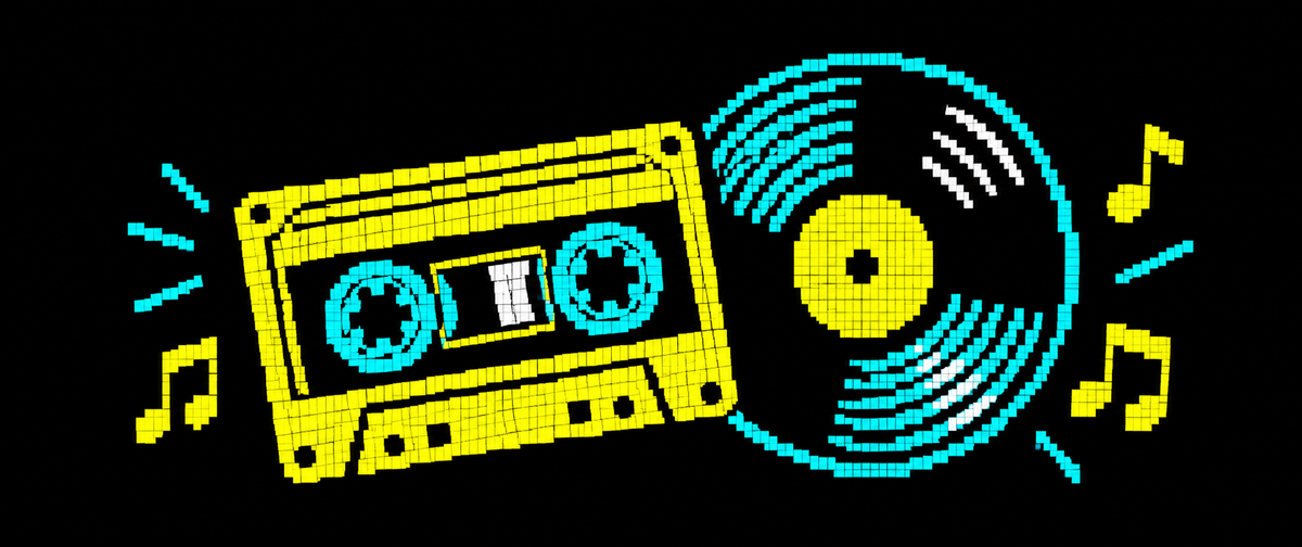 Gele cassette met cyaan spoelen naast een vinylplaat op zwart; symbolische teletekstillustratie.