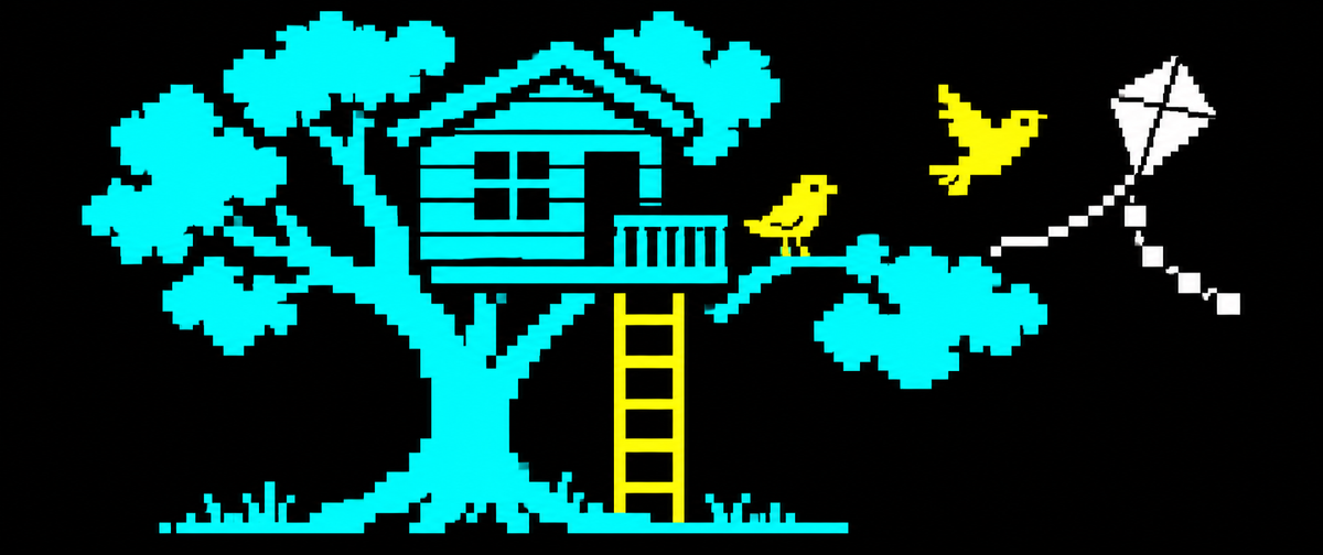 Een cyaan boomhut, gele ladder, twee vogels en witte vlieger; eigen speelse teletekstillustratie, geen bestaand Ketnet-programma.